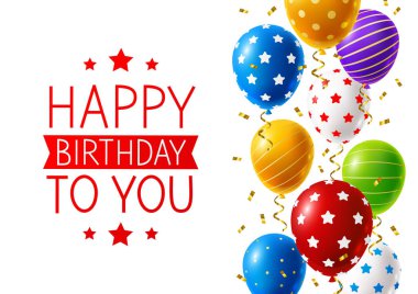 Süslü parlak renkli balonlar ve beyaz arka planda konfeti - doğum günü tebrik kartı tasarımı