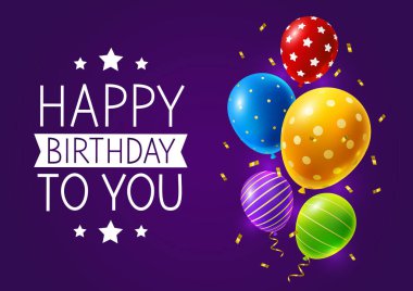 Süslü parlak renkli balonlar ve mor arka planda konfeti - doğum günü tebrik kartı tasarımı