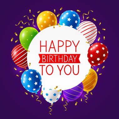Mor zemin üzerinde renkli balonlar ve konfeti bulunan doğum günü tebrik kartı - metin için yeri olan yuvarlak çerçeve