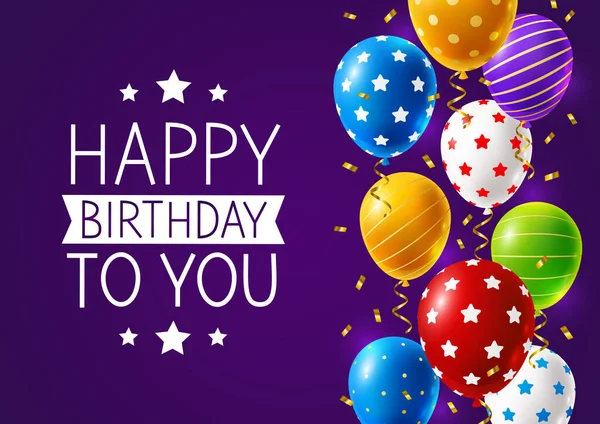 Bright Color Balloons Ornate Confetti Purple Background Birthday Greeting Card — Stock Vector