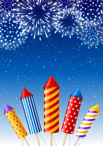 Cartão Festivo Com Fogos Artifício Foguetes Fundo Céu Estrelado Noite —  Vetores de Stock