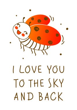 Beyaz arka planda izole edilmiş şirin küçük uğur böceği - komik tebrik kartı ve poster tasarımı için çizgi film karakteri