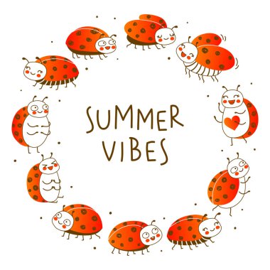 Beyaz arka planda izole edilmiş şirin küçük uğur böcekleri - komik tasarım için çizgi film yuvarlak çerçeve