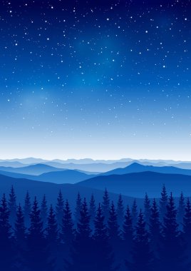 Yıldızlı arka planda kozalaklı ormanlı dağ manzarası - poster ve afiş tasarımı için gece dikey manzarası
