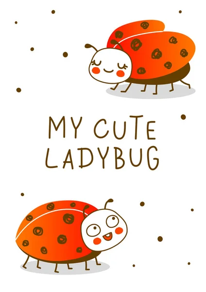 Cute Little Ladybugs Isolated White Background Cartoon Character Funny Greeting — Stock Vector