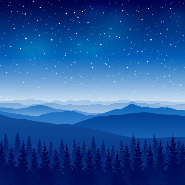 Горная Сцена Хвойным Лесом Фоне Звездного Неба Ночной Пейзаж Оформления — стоковый вектор