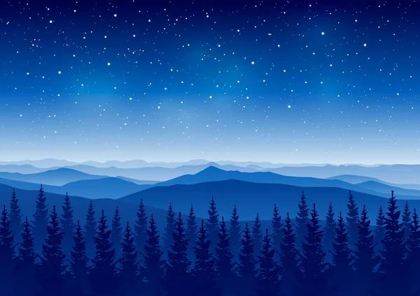 Гірська Сцена Хвойним Лісом Фоні Зоряного Неба Нічний Горизонтальний Пейзаж — стоковий вектор