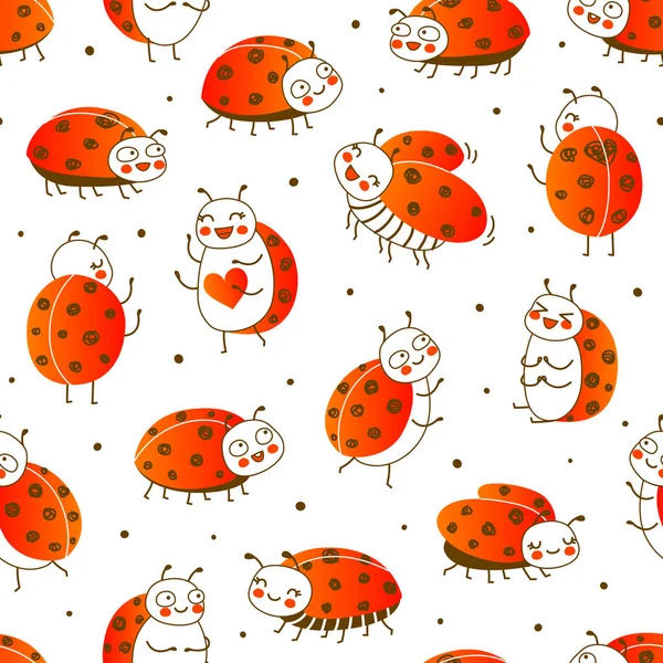 Naadloos Patroon Met Schattige Kleine Lieveheersbeestjes Geïsoleerd Witte Achtergrond Cartoon — Stockvector