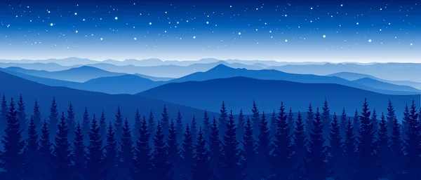 Escena Montaña Con Bosque Coníferas Fondo Del Cielo Estrellado Paisaje — Vector de stock