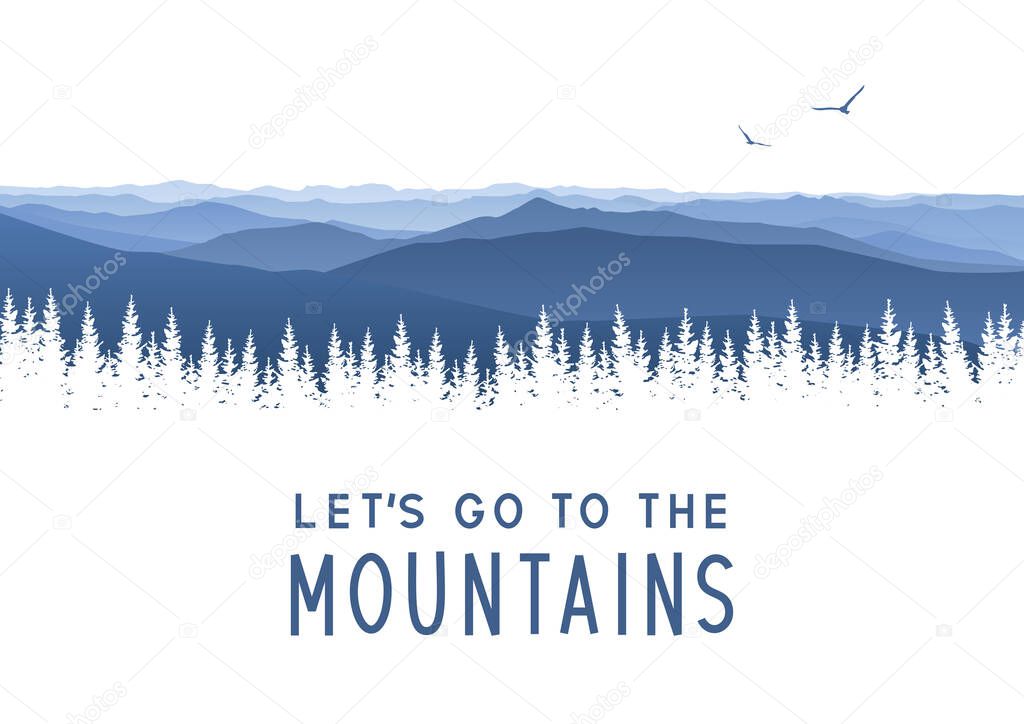 Mountain scene with coniferous forest - panoramic horizontal landscape for banner design