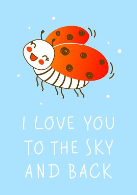 Mavi arka planda sevimli küçük uğur böceği - komik tebrik kartı ve poster tasarımı için çizgi film karakteri