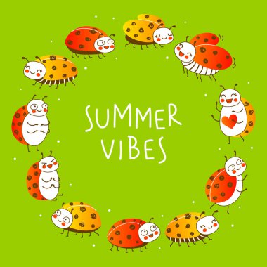 Yeşil arka planda sevimli küçük uğur böcekleri - komik tasarım için çizgi film yuvarlak çerçeve