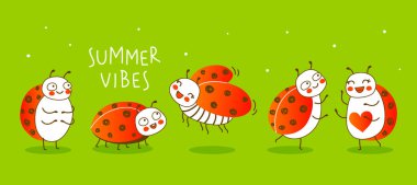 Yeşil arka planda küçük şirin uğur böcekleri sürüsü - komik tasarım için çizgi film kenarlığı