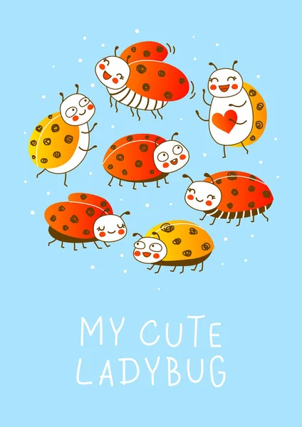 Petites Coccinelles Mignonnes Sur Fond Bleu Personnages Bande Dessinée Pour — Image vectorielle