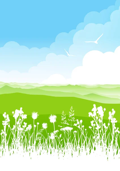 多云天空背景下的草本植物和高山的夏季风景 自然设计的垂直横幅 — 图库矢量图片