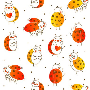 Beyaz arka planda izole edilmiş sevimli küçük uğur böcekleri olan kusursuz desen - komik çocuk tasarımı için çizgi film arka planı