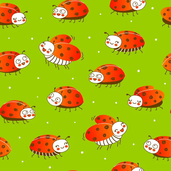 Seamless Pattern Cute Little Ladybugs Green Background Cartoon Background Funny — Stock Vector
