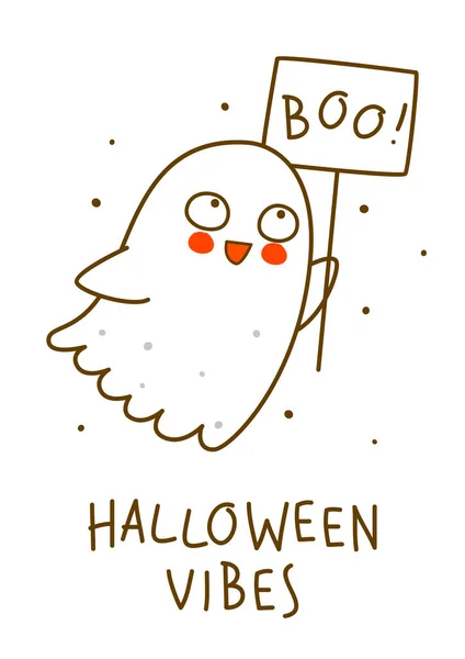 Schattig Klein Spook Geïsoleerd Witte Achtergrond Stripfiguur Voor Grappige Halloween — Stockvector