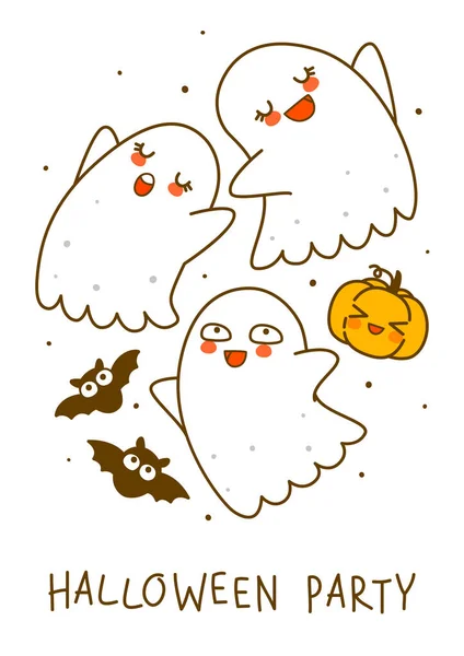 Fantasmas Bonitos Com Abóbora Morcegos Isolados Fundo Branco Personagens Desenhos —  Vetores de Stock