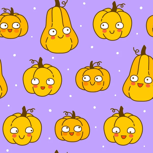 Seamless Pattern Cute Pumpkins Violet Background Cartoon Wallpaper Funny Halloween — Stock Vector