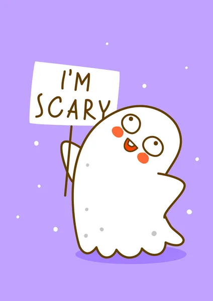 Roztomilý Malý Duch Fialovém Pozadí Kreslený Znak Pro Legrační Halloween — Stockový vektor