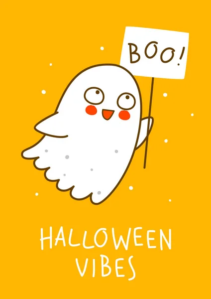 Lindo Pequeño Fantasma Sobre Fondo Naranja Personaje Dibujos Animados Para — Vector de stock