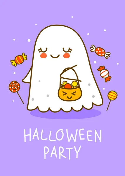 Pequeno Fantasma Bonito Com Doces Fundo Roxo Personagem Desenho Animado —  Vetores de Stock