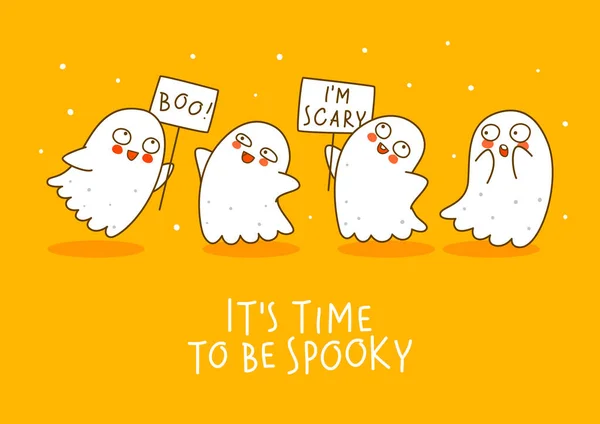 Leuke Kleine Geesten Oranje Achtergrond Stripfiguren Grens Voor Grappige Halloween — Stockvector