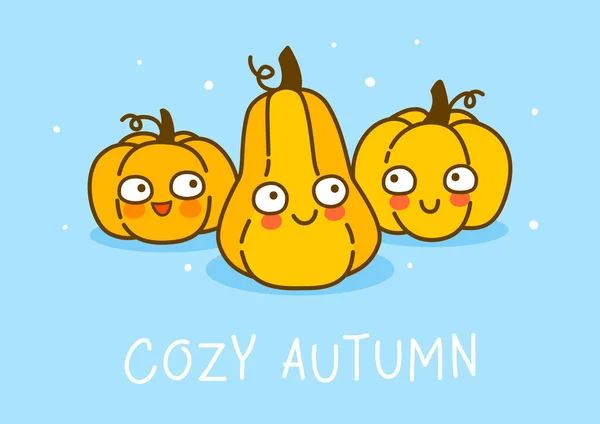 Leuke Pompoenen Blauwe Achtergrond Stripfiguren Voor Gezellige Herfst Halloween Wenskaart — Stockvector