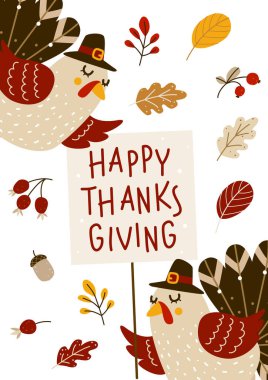 Şükran Günü tebrik kartı olan şirin hindiler beyazlar üzerinde izole edilmiş.