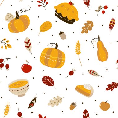 Balkabaklarıyla ve sonbahar elementleriyle kusursuz desen ve Şükran Günü tasarımı için yiyecek.