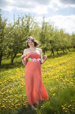 Bahar bahçe çiçek açan dandelions arasında güzel hamile kadın