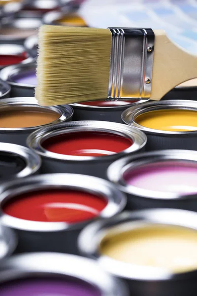 Tin Cans Paint Brushes Bright Palette Colors — Stock Photo, Image