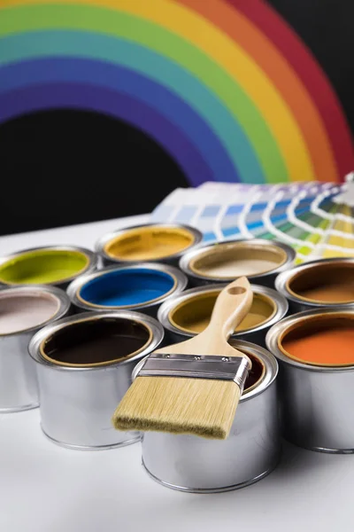 Full Buckets Rainbow Colored Oil Paint — Stock Photo, Image