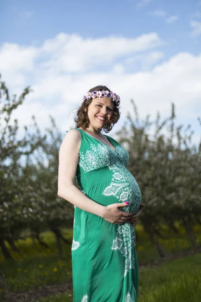 Hermosa Mujer Embarazada Jardín Primavera Entre Los Dientes León Flor — Foto de Stock