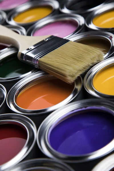 Colorful Paint Cans Paintbrush — Stock Photo, Image