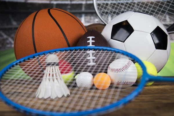 Sport Equipment Balls Stadium Background — Stock Photo, Image