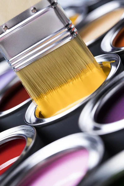 Colorful Paint Cans Paintbrush — Stock Photo, Image