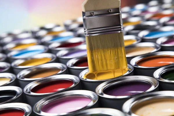 Tin Metal Cans Color Paint Paintbrush — Stock Photo, Image