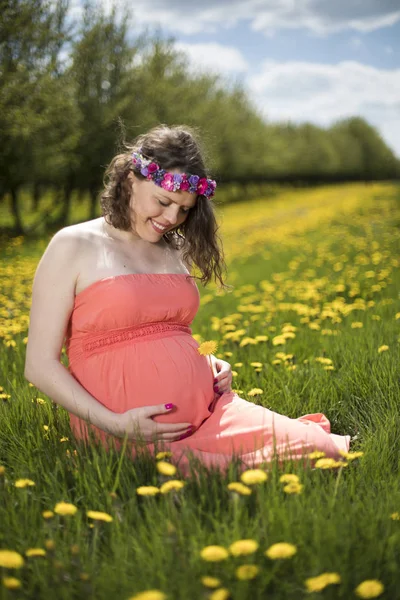 Bahar bahçe çiçek açan dandelions arasında güzel hamile kadın