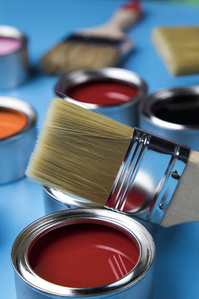 Colorful Paint Cans Paintbrush — Stock Photo, Image