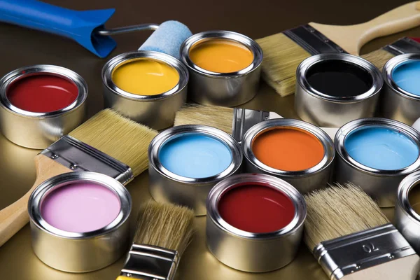 Tin Cans Paint Brushes Bright Palette Colors — Stock Photo, Image