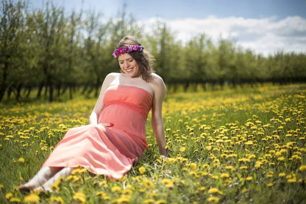 Όμορφη Έγκυος Γυναίκα Στον Κήπο Την Άνοιξη Ανάμεσα Ανθισμένα Πικραλίδες — Φωτογραφία Αρχείου