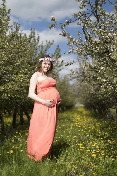 Bella Donna Incinta Nel Giardino Primaverile Tra Denti Leone Fiore — Foto Stock