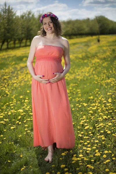 Beautiful Pregnant Woman Spring Garden Blooming Dandelions — Stock Photo, Image