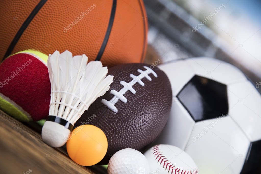 Assorted sports equipment, different kinds of balls