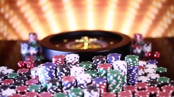 Roulette Wheel Running Casino Poker Chips — Stock Video