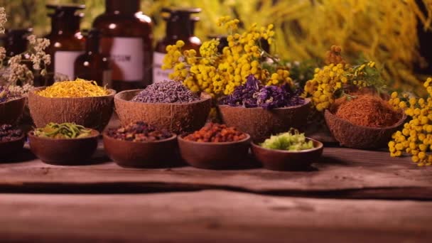 Vielfalt Aromatischer Gewürze Und Kräuter Auf Dem Küchentisch — Stockvideo