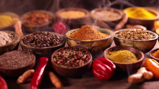 Variety Aromatic Spices Herbs Kitchen Table — Stock Video