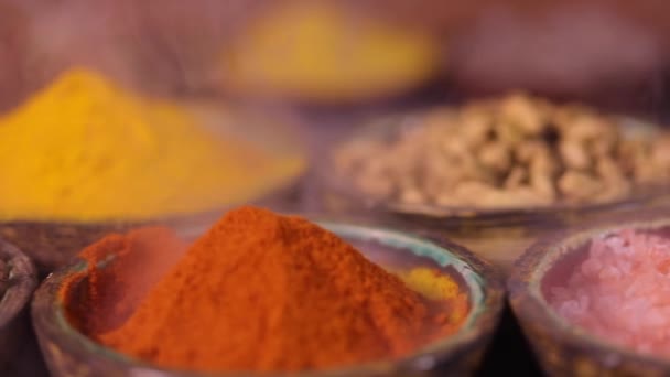 Variety Aromatic Spices Herbs Kitchen Table — Stock Video